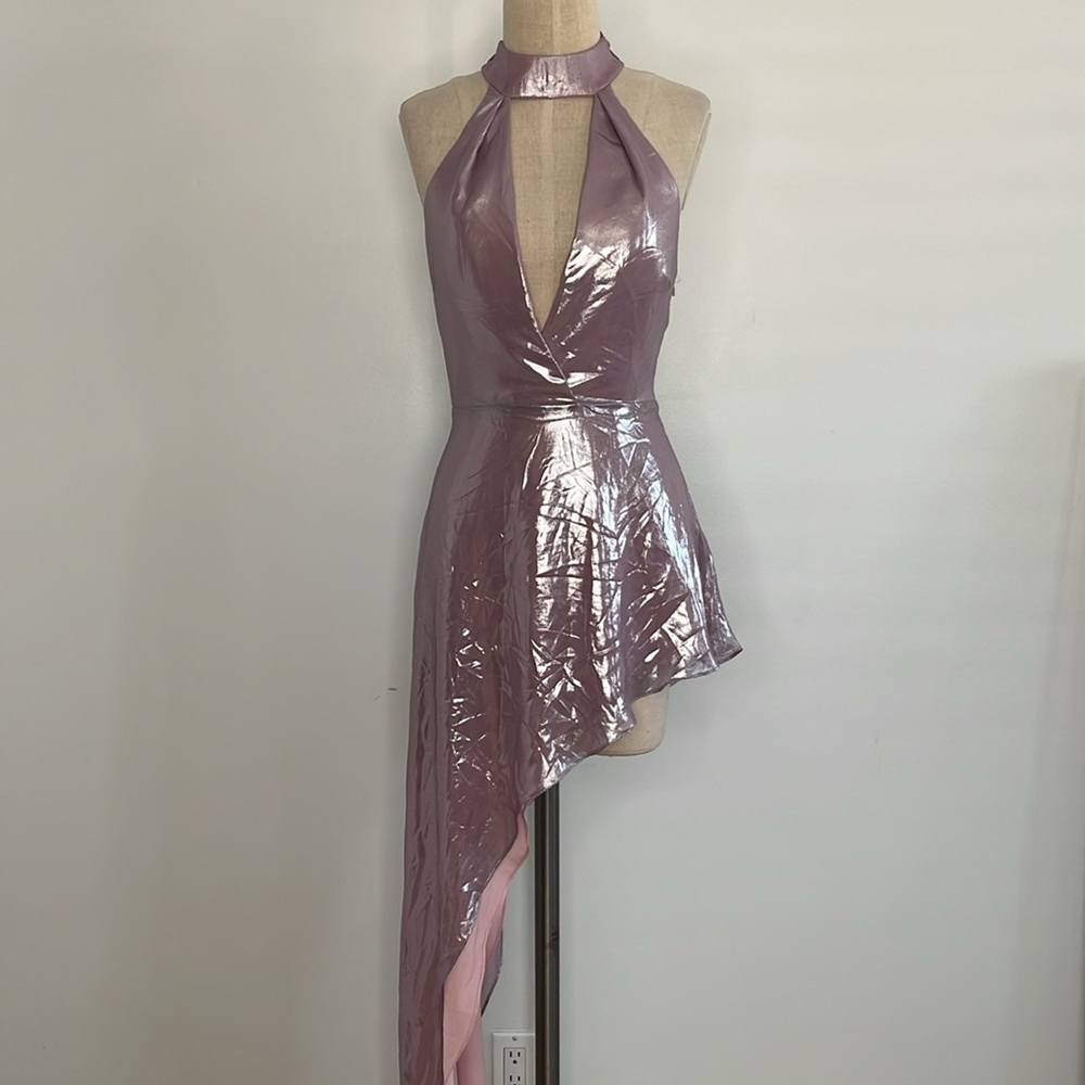 Revolve Sample Metallic Asymmetrical Halter Mini Dress